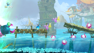A Murray jumping out of the water and breaking the wooden platforms.