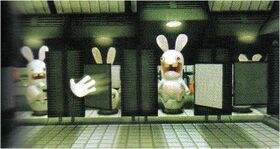 A similar look to the eventual Bunnies Never Close Doors minigame that made it into the final Rayman Raving Rabbids.