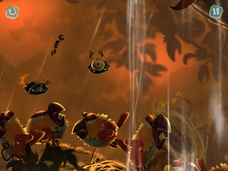 Rayman using Psychlops to avoid colorful birds