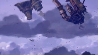 Debris from the floating city then begin to fall.