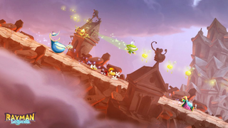 Rayman, Globox, the Grand Minimus and Murfy sliding down in the Land of the Livid Dead.