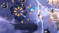 Rayman and Globox chasing a Lividstone warship with the help of giant mosquitos in the Moody Clouds.