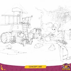Razorbeard, the Spyglass Pirate, a Henchman 800, and two Gorilla Pirates fast asleep while Rayman sneaks through their camp