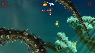 Rayman gliding between two Darkroots.