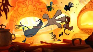 Promotional artwork of Globox slapping Rayman, the Grand Minimus, and the Goth Teensy in Gourmand Land