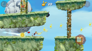 Rayman running with a Skull Coin.
