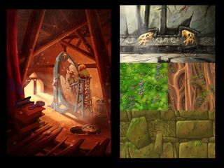 Concept art of Bégoniax looking through her magic mirror, reflecting a scene from the final game.