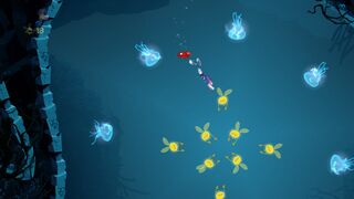 A few Lums surrounded by a group of jellyfish.