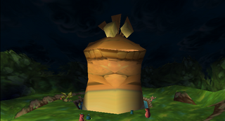 A statue of stone of the Father of all the Globox emerges from the lake Globys.