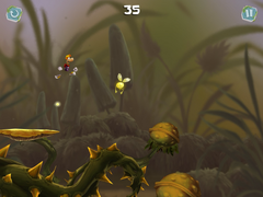 Rayman jumping over a Darkroot and towards a closed spiky flower.