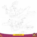 Concept art of Rayman water skiing with Ssssam.