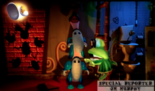 Toilets designed for the Teensie duo (with Globox's arm reaching out), Ly's name in a heart on the wall and a hole in the shape of Rayman's body in the other wall