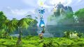 Rayman, Globox and two Teensies cooperating to reach a Lum.