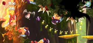 Poglox gliding across a flock of colorful birds in an Online Challenge set in the Foliage