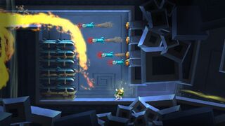 Turrets firing live missiles, as flames pursue the heroes in a storage area.