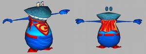 An unused, Superman-themed, alternate skin for Globox from the Xbox and GameCube versions of Rayman Arena.