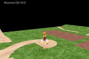 A screenshot of the development build depicting Rayman in a simple grassy environment.