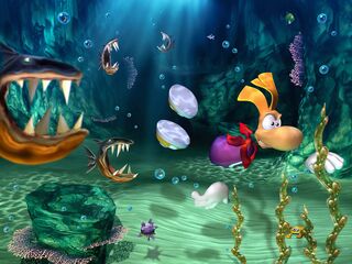 Artwork of Rayman swimming for air bubbles with piranhas. The piranhas feed on air bubbles.