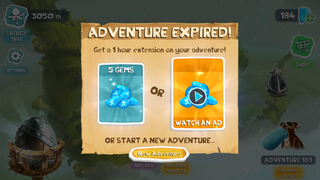 A screen offering the player to watch an ad or pay 5 gems to get extra time or abandon the adventure.