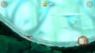 Rayman sliding down the water.