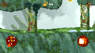 Rayman in front of a wooden wall.
