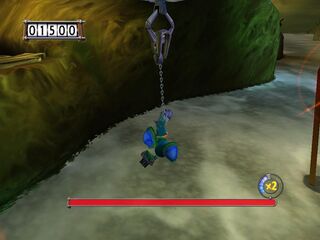 Rayman using the Lockjaw to swing from a flying hook.