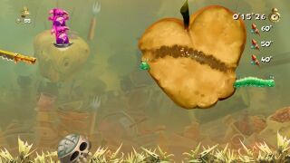 A shrunken Rayman running through a rotten fruit.