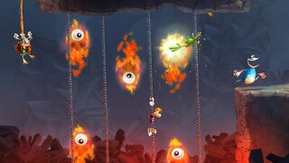 Rayman, Globox and Barbara dodging fiery ghosts with the help of Murfy.