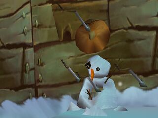 A snowman in a sorry state. It seems the Hoodlums used it as a training manikin.