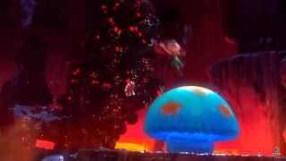 Barbara using a champibumper to escape a swarm of dark creatures in the E3 2013 trailer for Rayman Legends