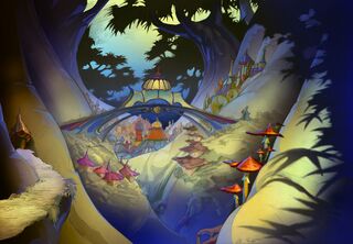 Official artwork depicting a bridge in Aeropolis in sun rising