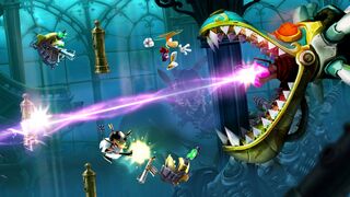Rayman and Ursula fighting the Mechanical Dragon