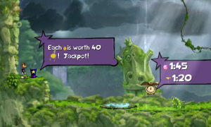 The Magician explaining that a Skull Coin is worth 40 Lums and an easier speed trophy in the Nintendo 3DS version
