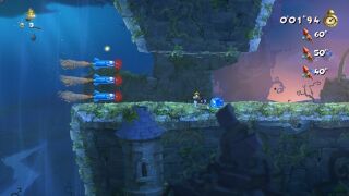 The beginning of the level, with three blue live missiles headed towards Rayman.