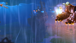 Rayman damaging the Armored Toad.