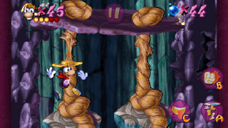 Rayman using his super helicopter power to cut the ropes.