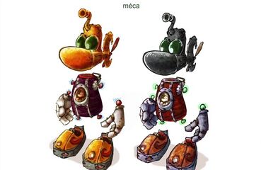 The design for a Rayman-shaped submarine that would be used to navigate underwater, possibly the same object seen in the concept art for the Organic Cave.