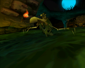 A Zombie Chicken with dark eyes, these will move forward towards Rayman's location from when they spawned.