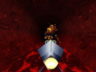 Rayman manoeuvres the Grolgoth's homing missile to his own advantage.