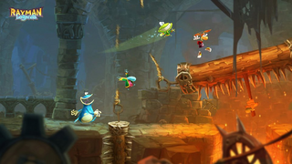 Rayman, Globox, the Grand Minimus and Murfy in a castle.