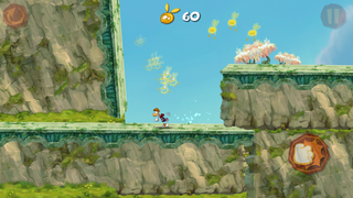 Rayman running between moving platforms.