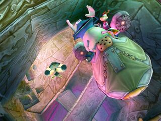 Globox and Rayman on their Armaguiddon, with an enemy pursuing them.