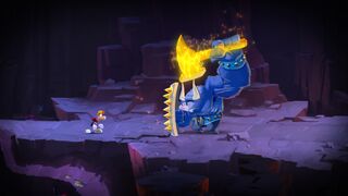 Rayman with a giant minotaur.