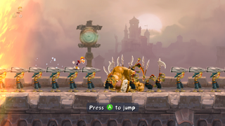 Rayman running on the shields of some Lividstones.