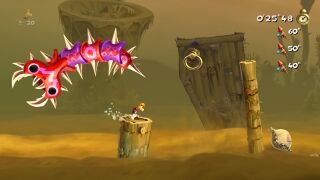 A giant spiky snake leaping over Rayman.