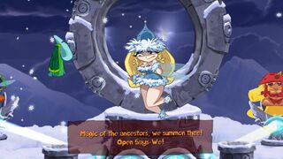 Helena Handbasket reciting incantations to activate the portal.